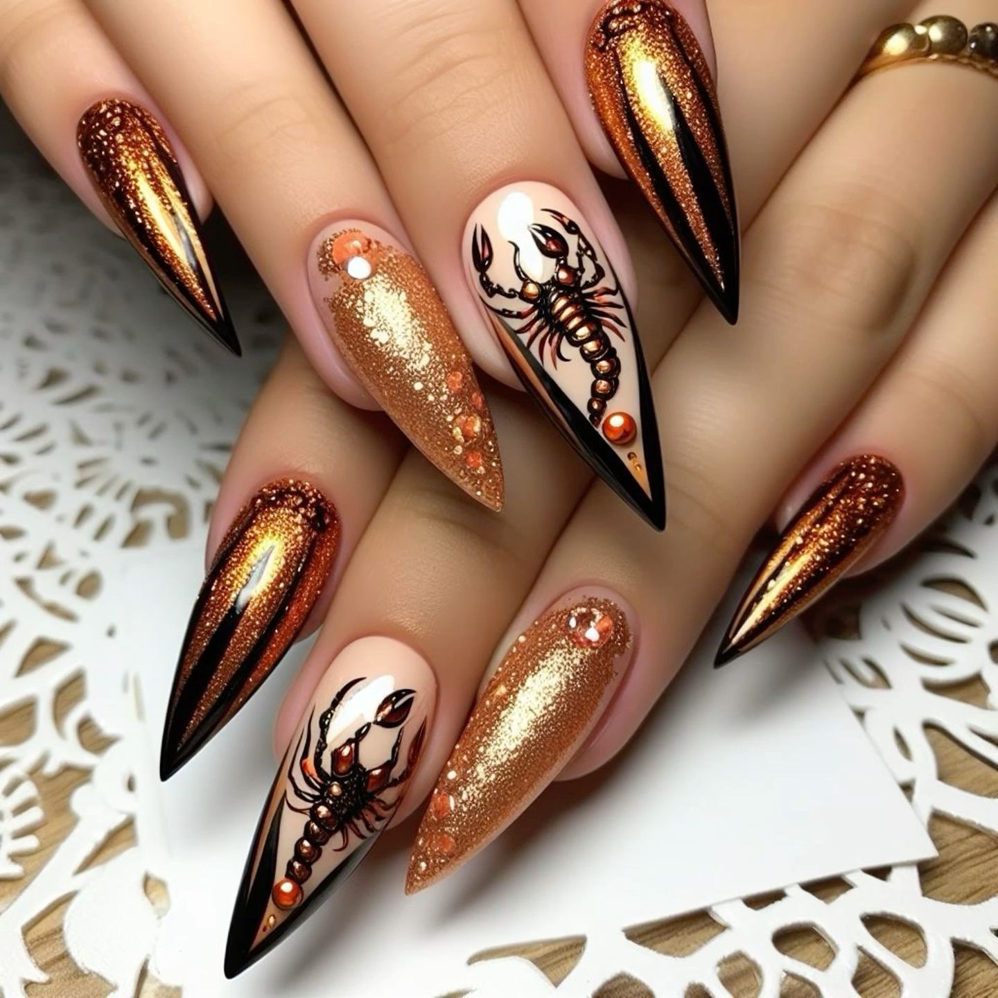 Pointed acrylic nails feature gold glitter and painted scorpions on a light base, with some nails having black and gold…