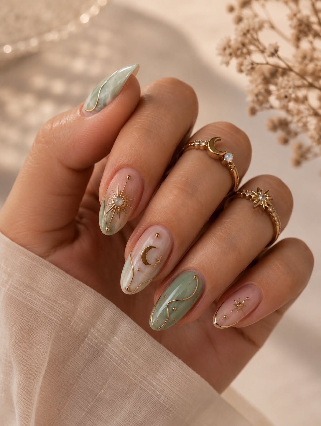 Hand with almond-shaped nails featuring pastel green and nude bases, adorned with gold celestial moons, stars, and swirling…