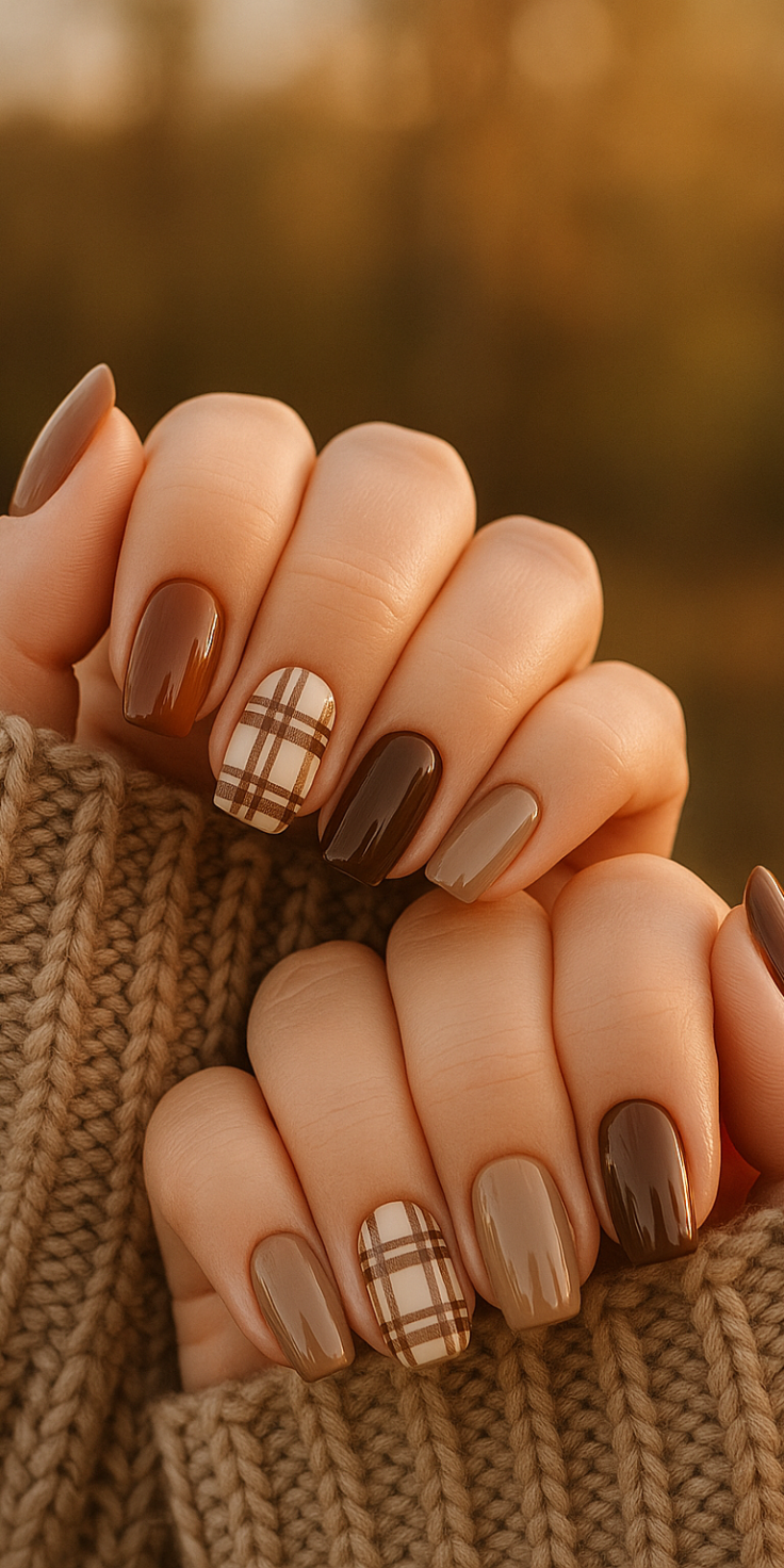 Woman's hands with coffin nails in varying shades of brown, with one accent nail on each hand featuring a brown plaid…