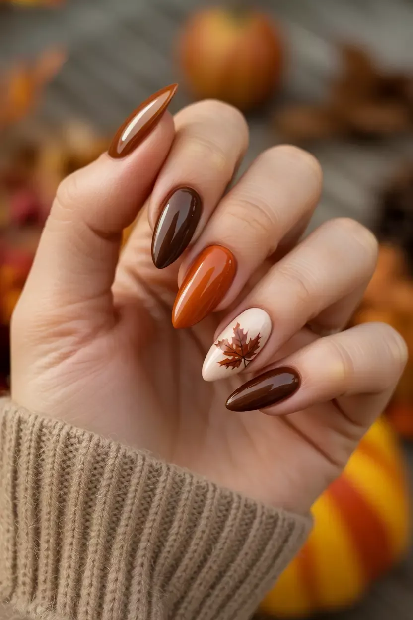 Hand with coffin-shaped nails featuring various shades of brown and orange, one with a maple leaf design.