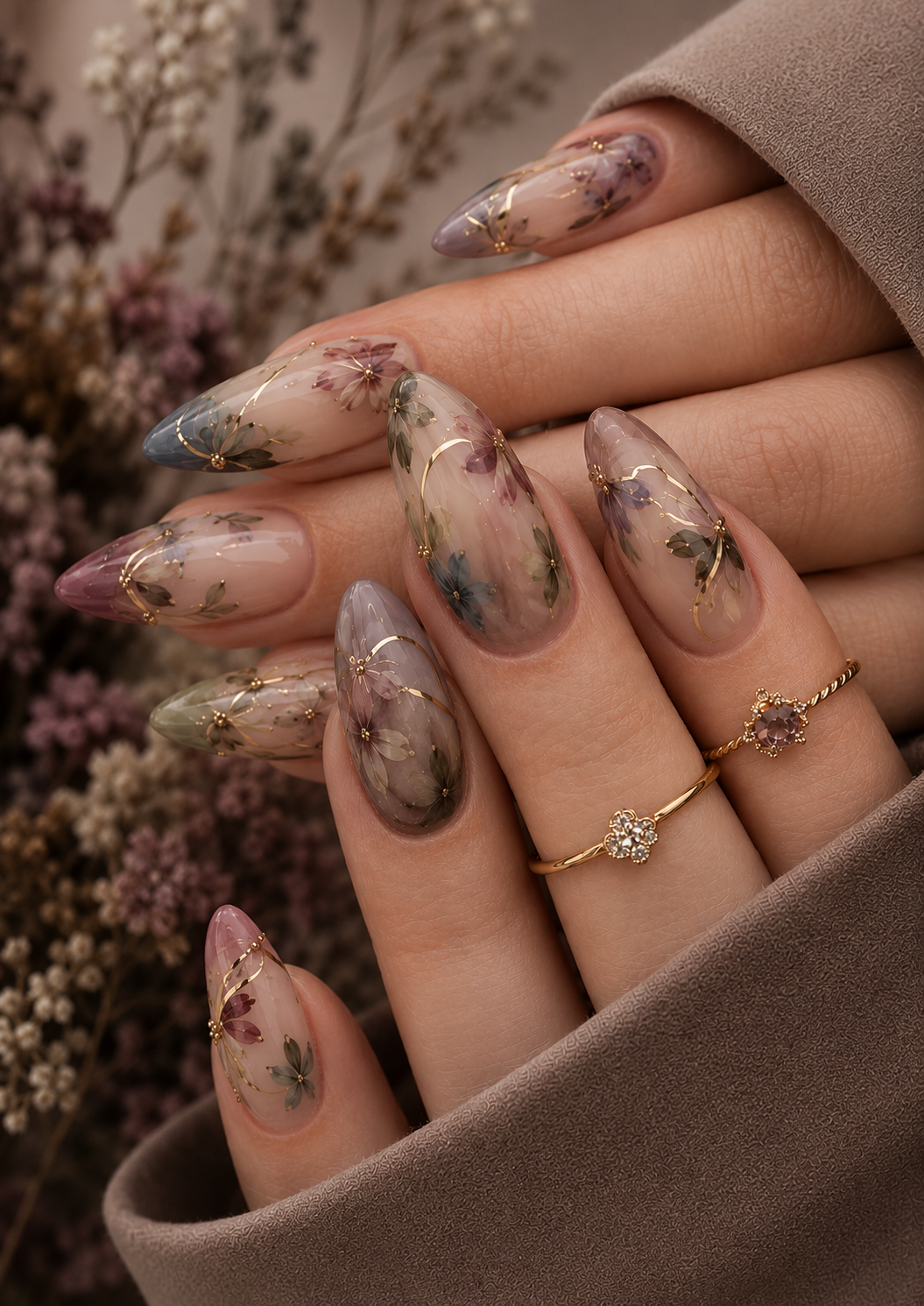 Close-up of a hand with long, almond-shaped nails featuring various pressed floral designs and gold accents.