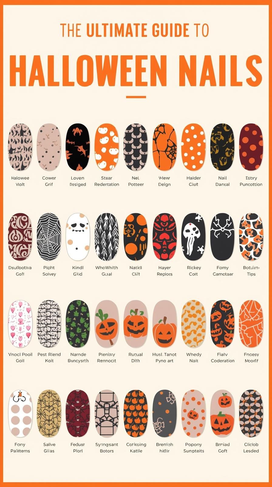 A collage showing rows of oval-shaped swatches, each with a unique Halloween-themed gel nail design.