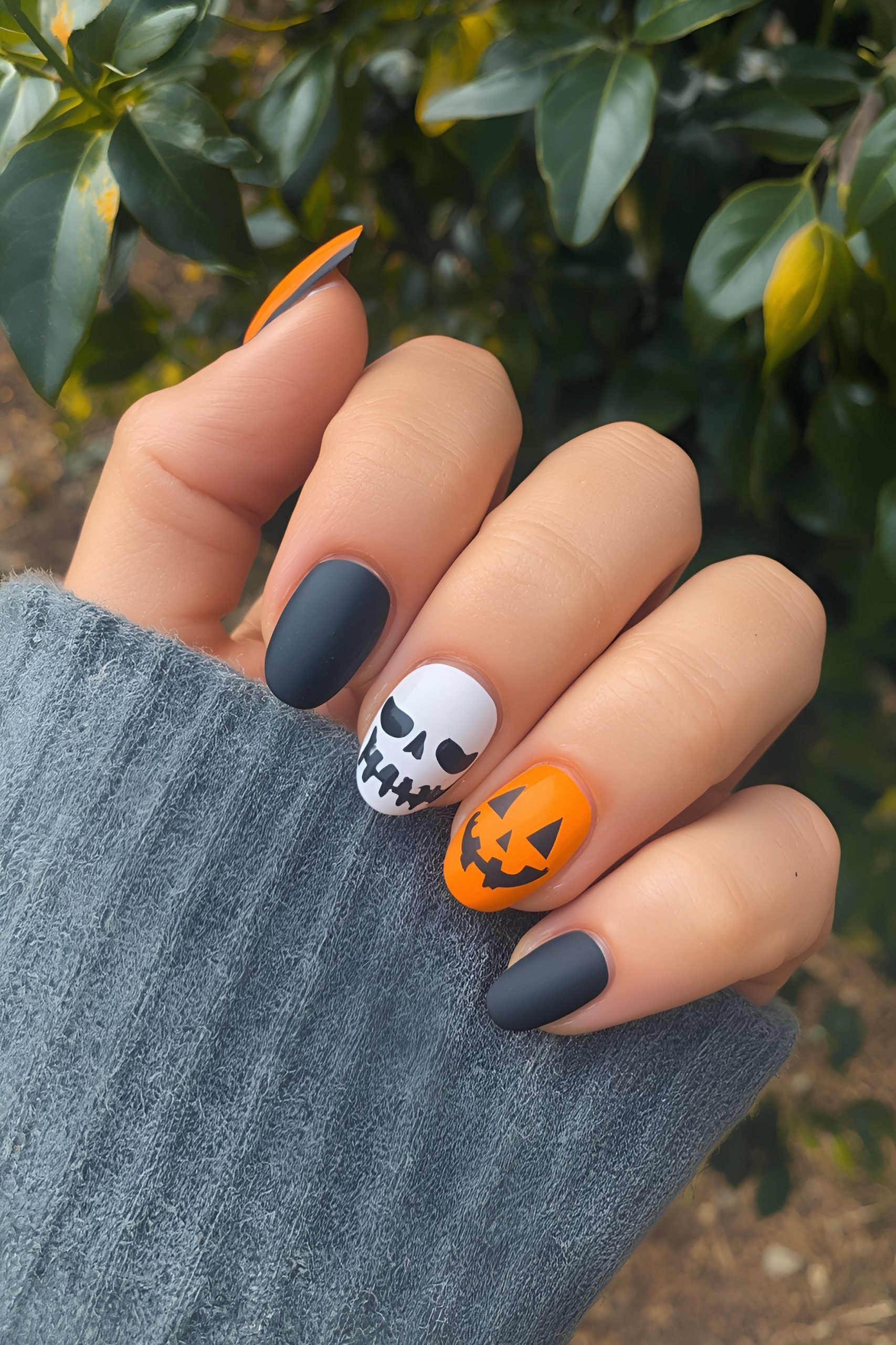 Hand with nails painted in matte black, white with a skull face, and orange with a jack-o-lantern face.