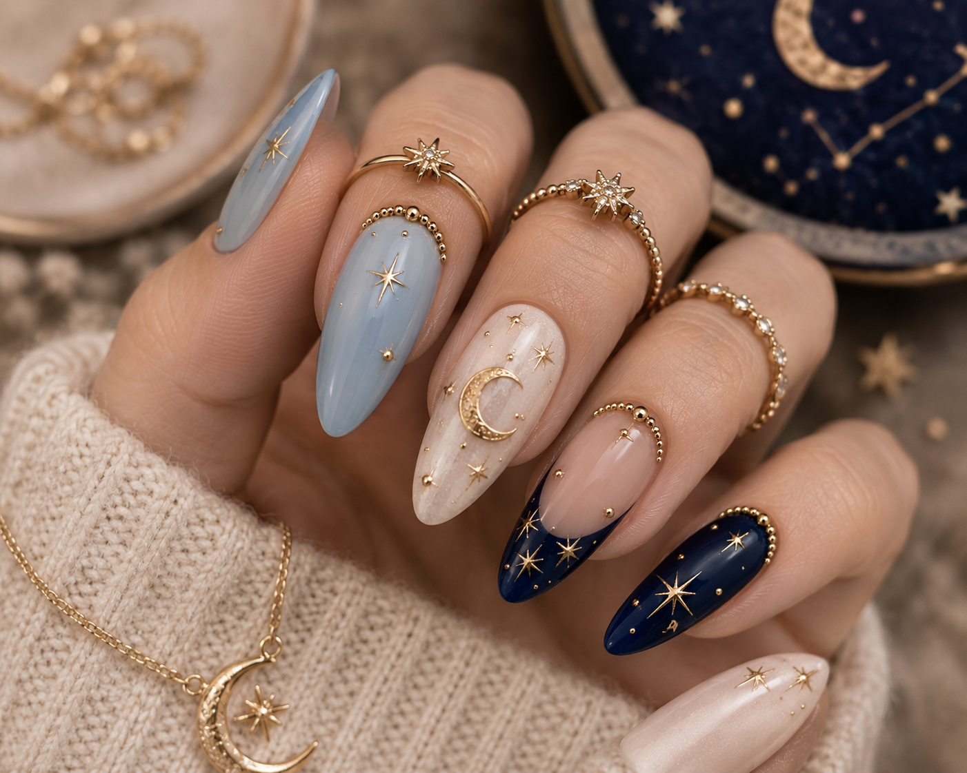 Hand with light blue, cream, and dark blue stiletto nails featuring gold star and moon designs, some with French tips.