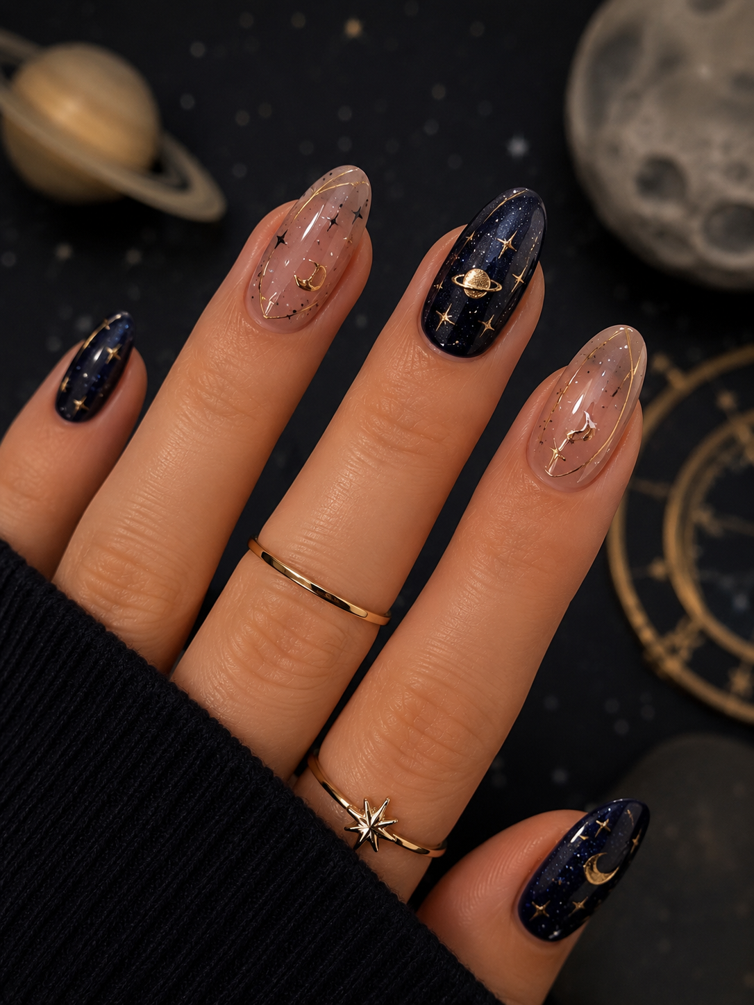 Close-up of a hand with celestial-themed almond-shaped nails, featuring dark blue and nude polish with gold moon and planet…