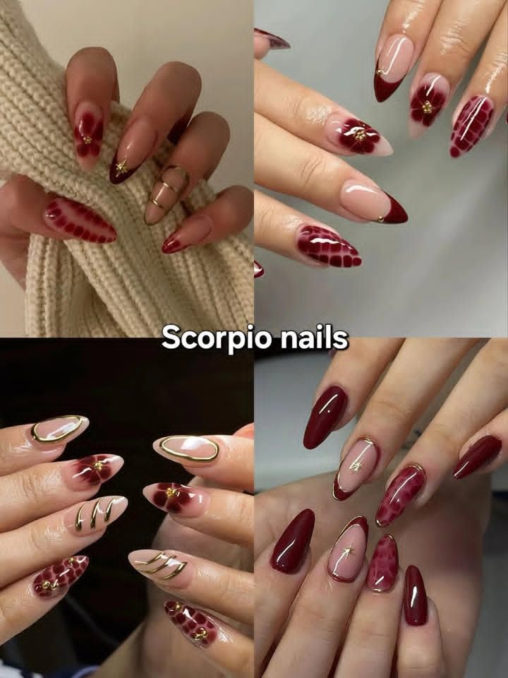 Four distinct sets of artificial nails, all featuring deep red polish with varied accent designs.