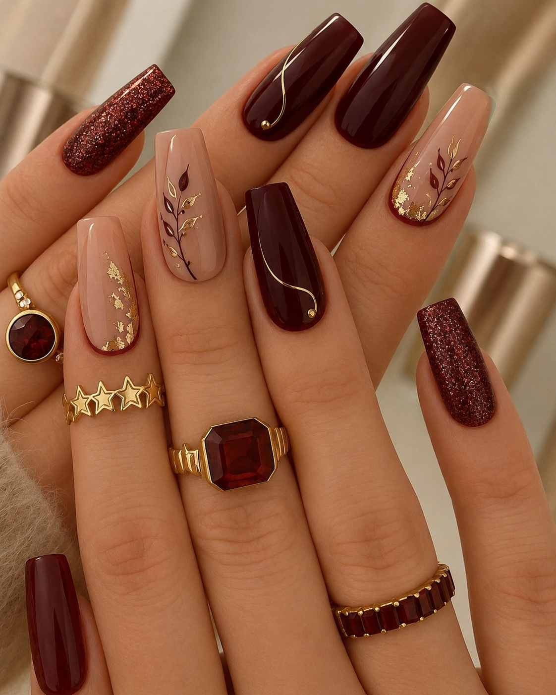 Close up of manicured hands with coffin nails painted in autumn colors.