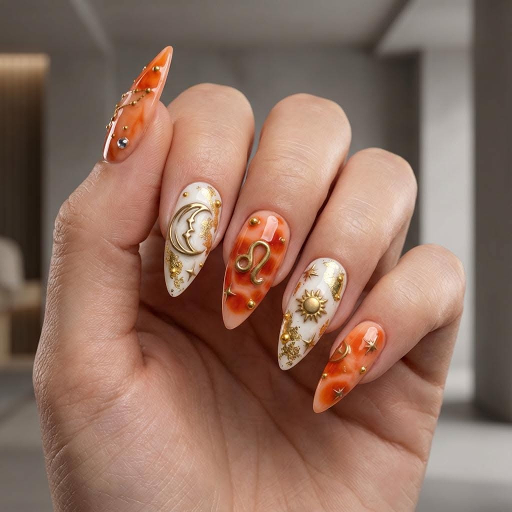 Close-up of a hand with long, pointed nails featuring orange marble and white designs.