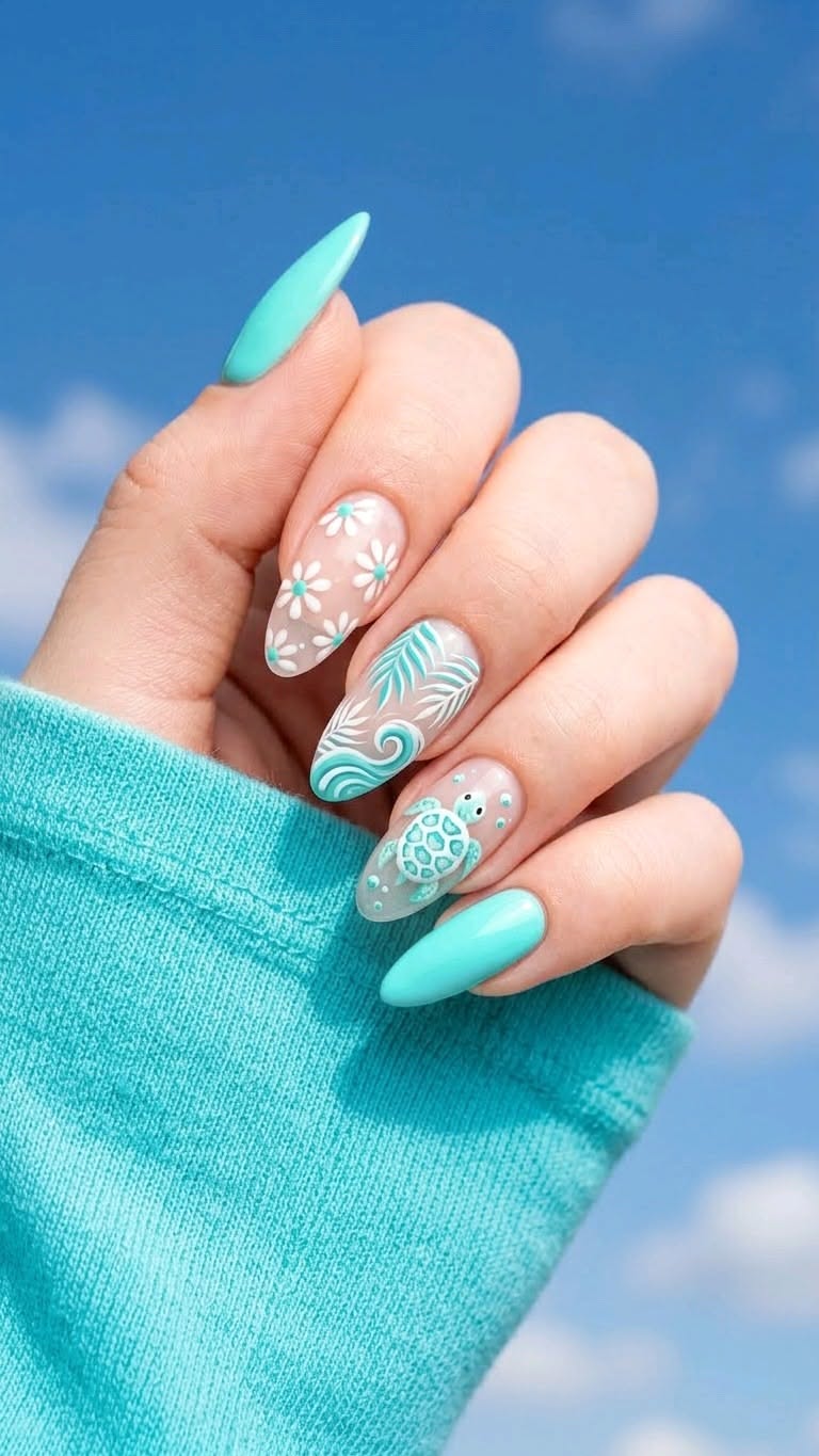 Hand with aqua-themed almond-shaped nails against a blue sky, featuring a sea turtle, waves, and flowers.