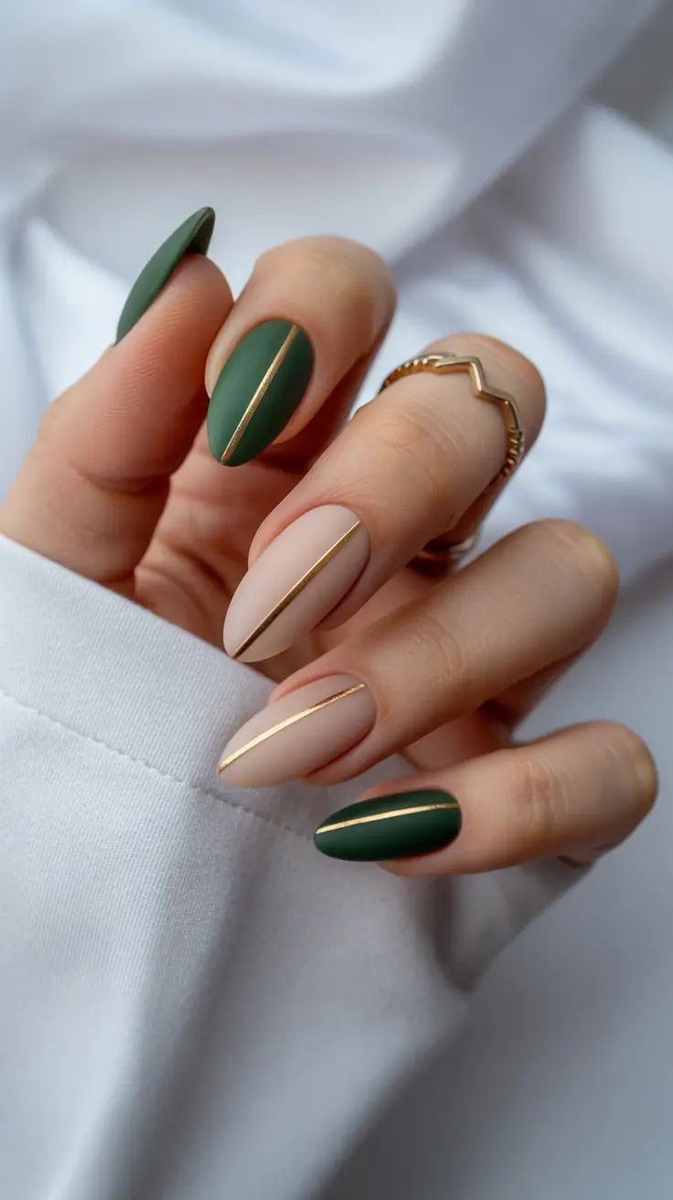 Overhead view of a person's manicured hand. The almond-shaped nails alternate between matte dark green and matte nude with a…