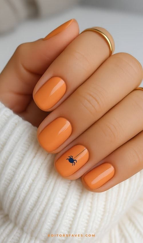 Close up of a hand with short, round orange nails. One nail has a small black spider design on it.
