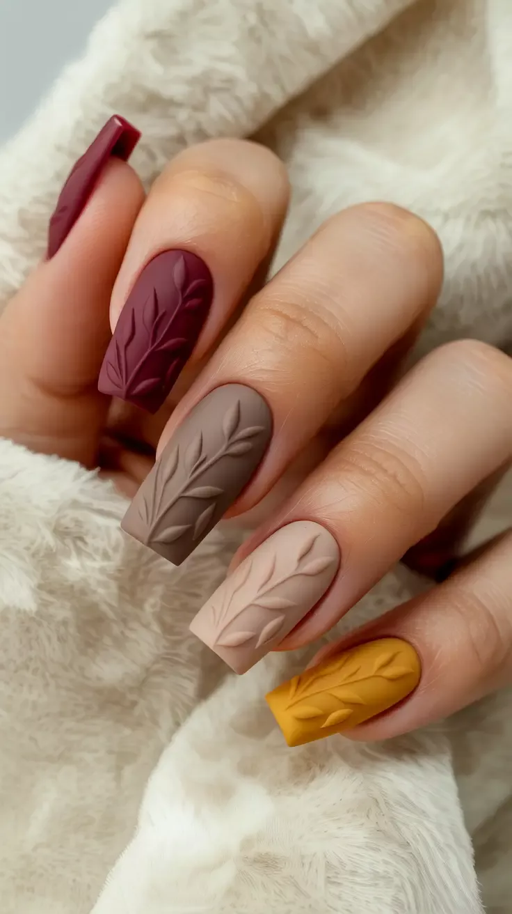 Close-up of a hand with long, square-shaped acrylic nails. Each nail is a different matte autumn color: deep red, taupe…