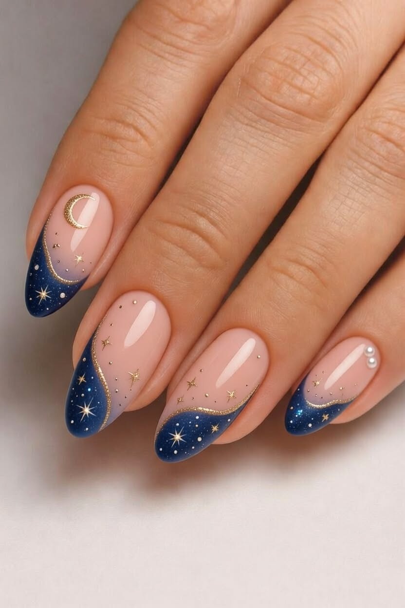 Close-up of a hand with almond-shaped nails featuring a navy and nude celestial design.
