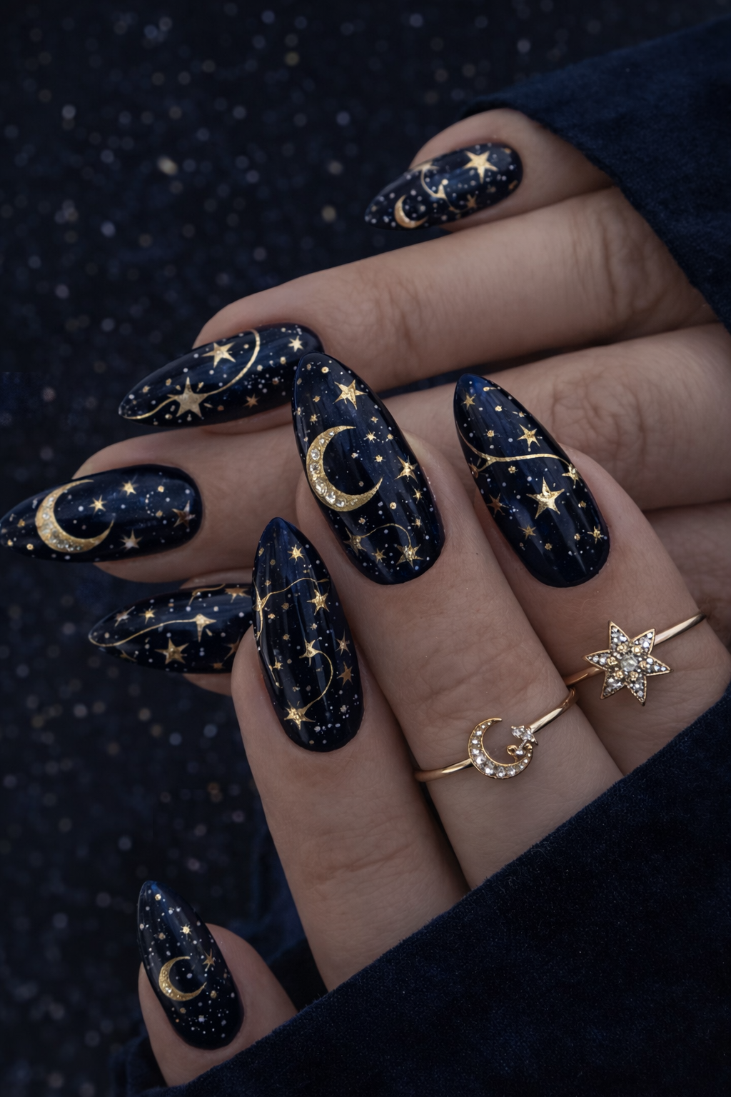 Close-up of a person's hands with dark blue almond-shaped nails featuring golden celestial designs, including moon phases…
