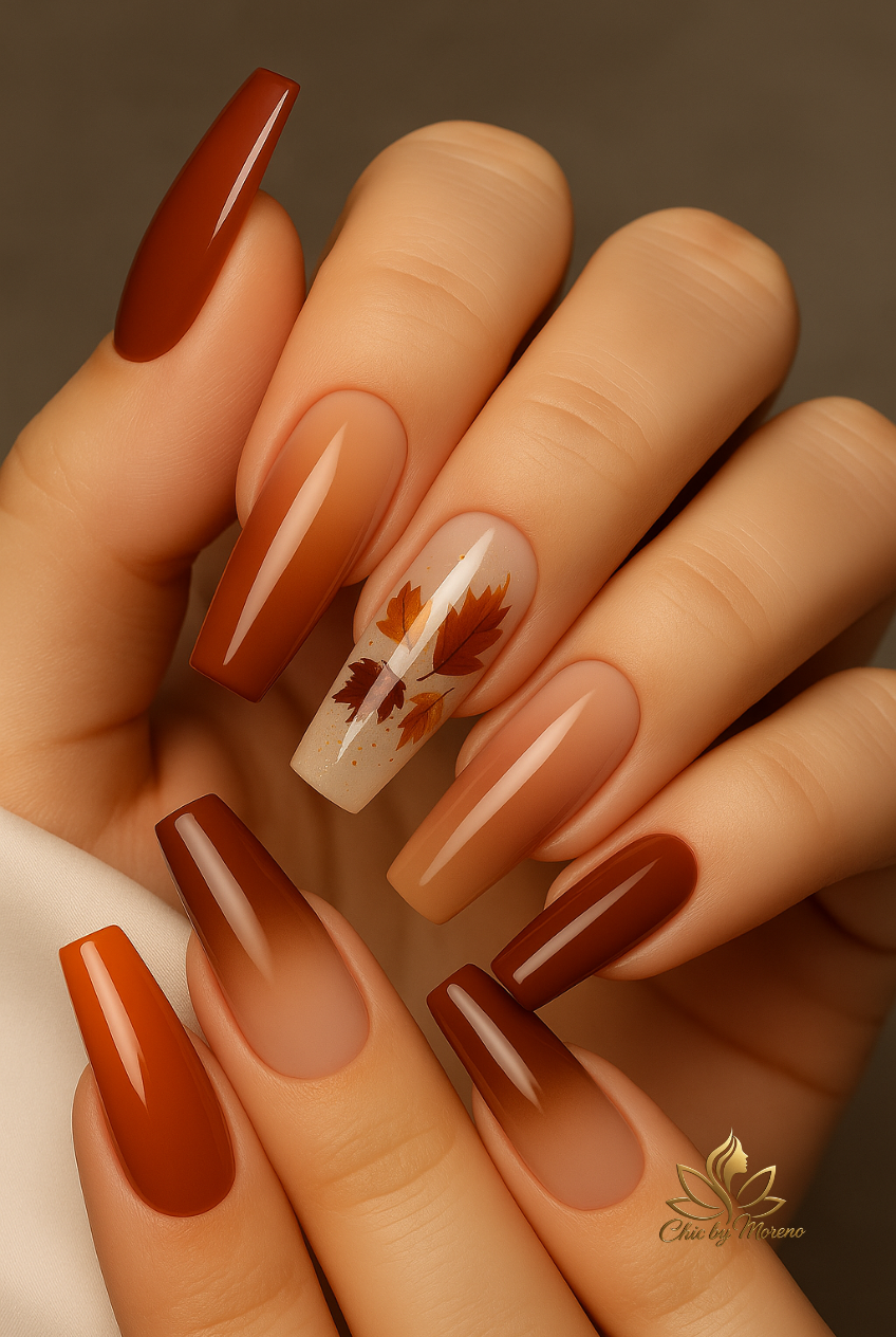Close-up of a hand with long, coffin-shaped acrylic nails. Some nails are solid dark orange-brown.