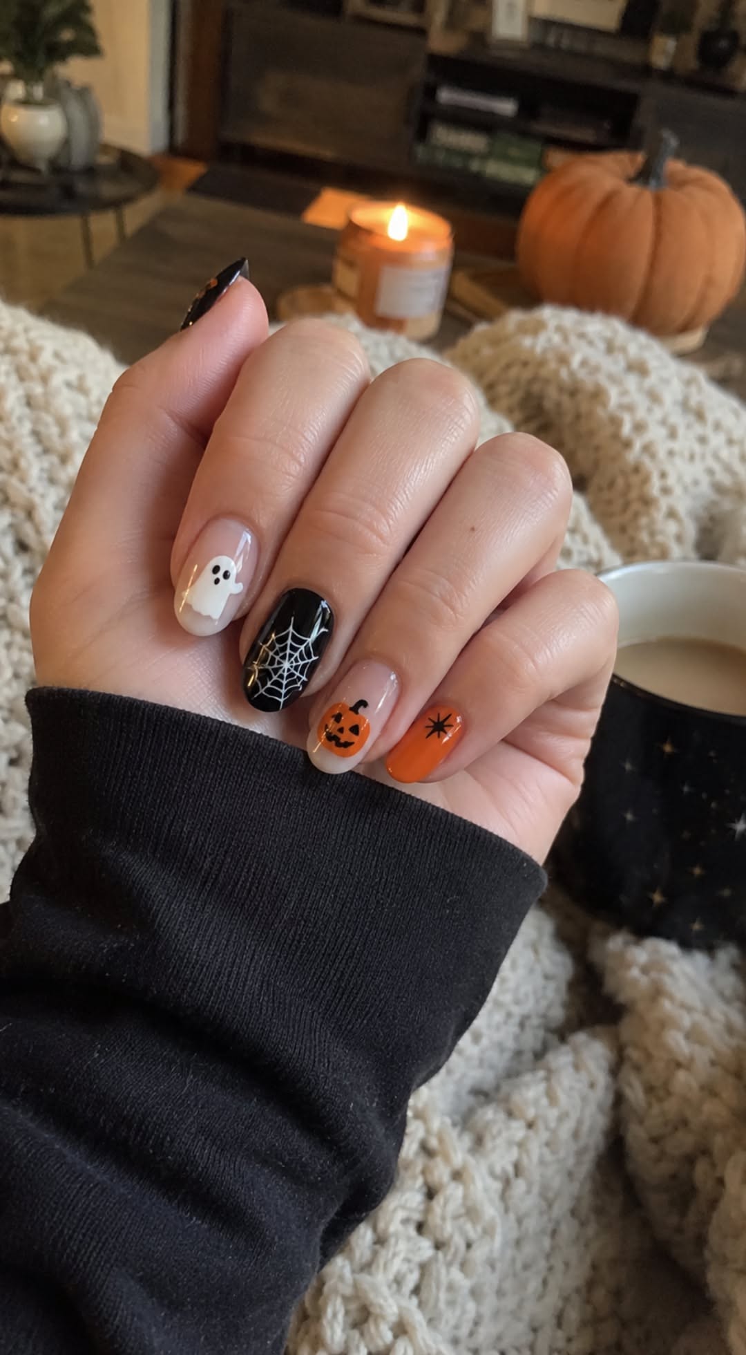 Close-up of a hand with five short, oval-shaped nails, each featuring a unique Halloween design: a ghost, a spiderweb, a…