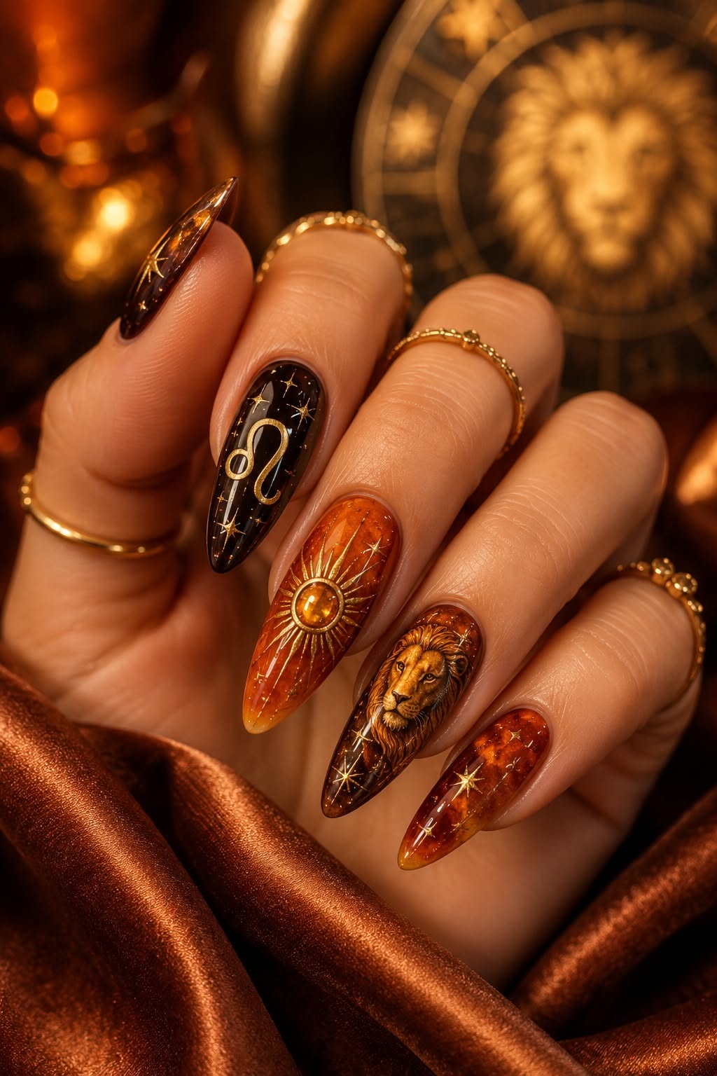 Close-up of a hand with long, pointed gel nails featuring detailed astrology-themed art: a lion, a sun, a zodiac symbol, and…