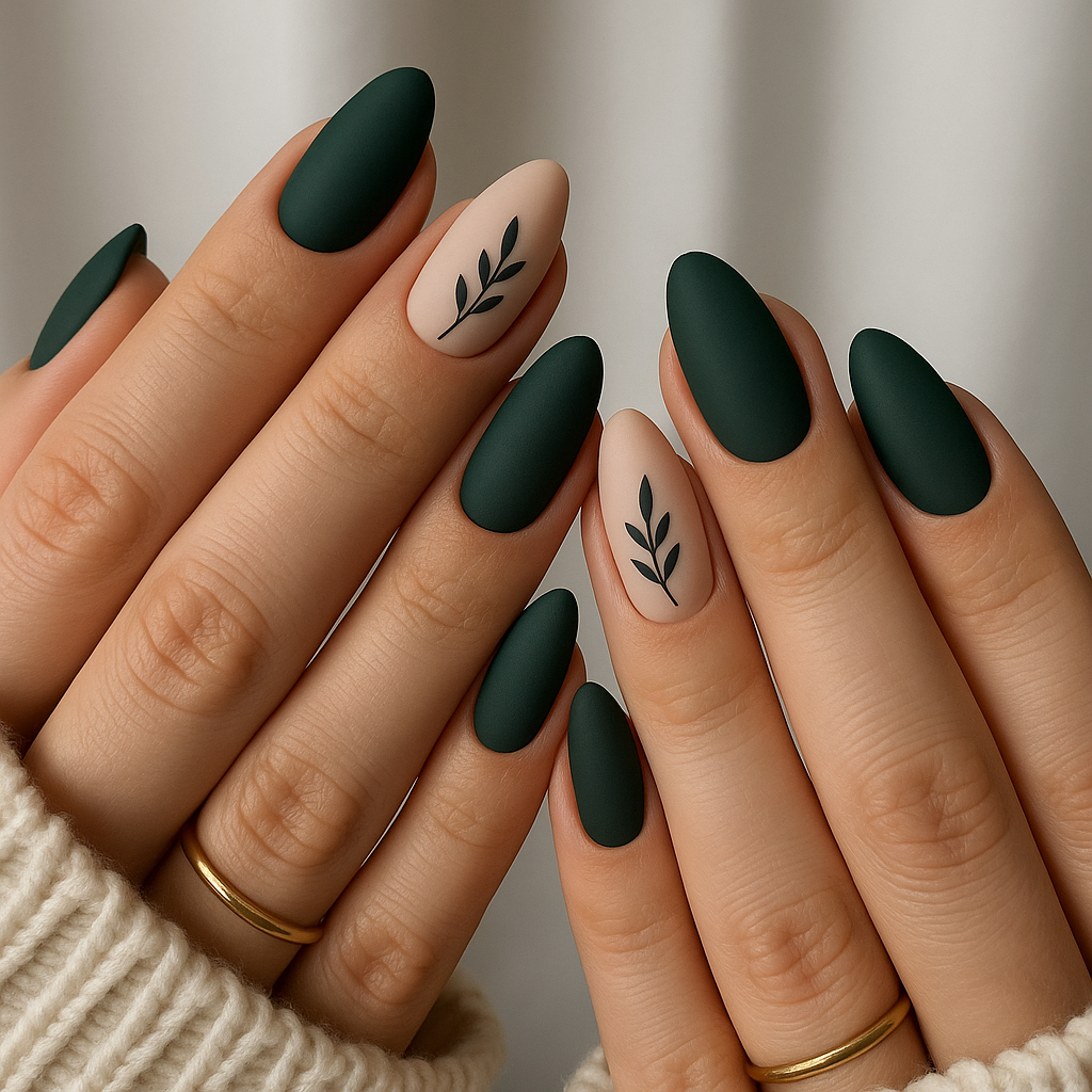 Hands with matte forest green almond-shaped nails, and some accent nails in nude with black leaf designs.