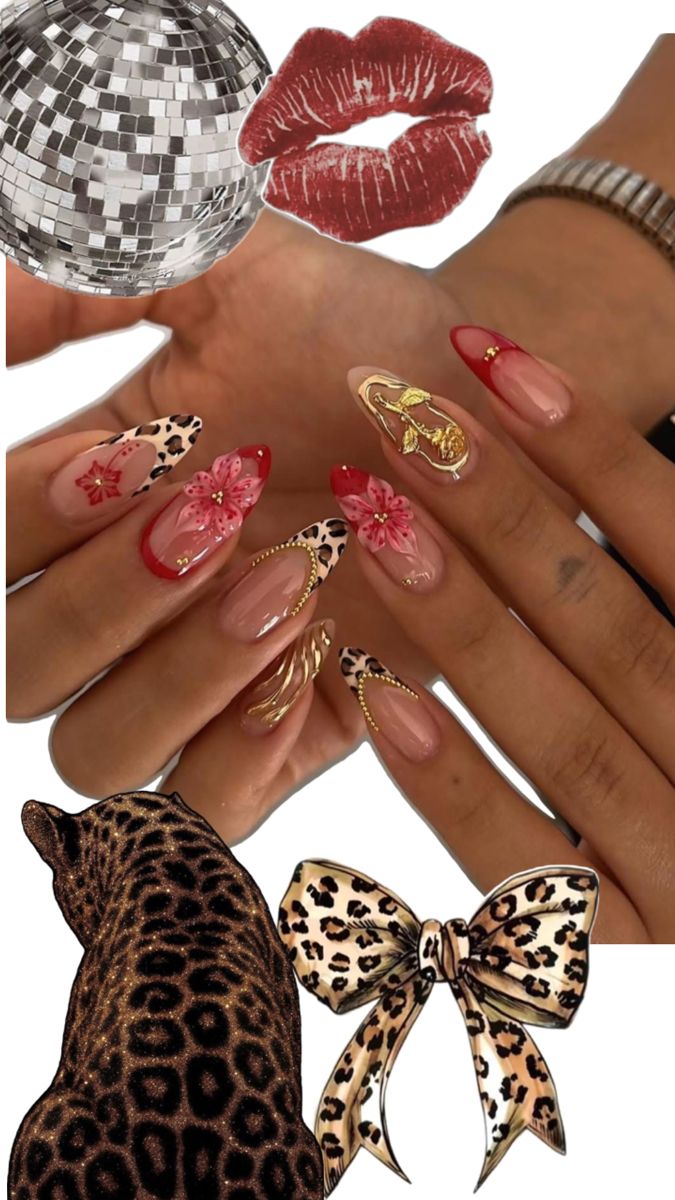 Close-up of hands with long, oval nails featuring leopard print, red floral appliques, gold accents, and red French tips.
