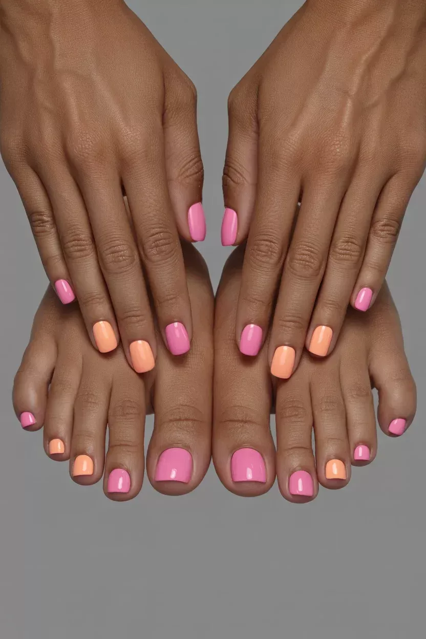 Close-up of a person's hands and feet with alternating pink and peach nail polish.