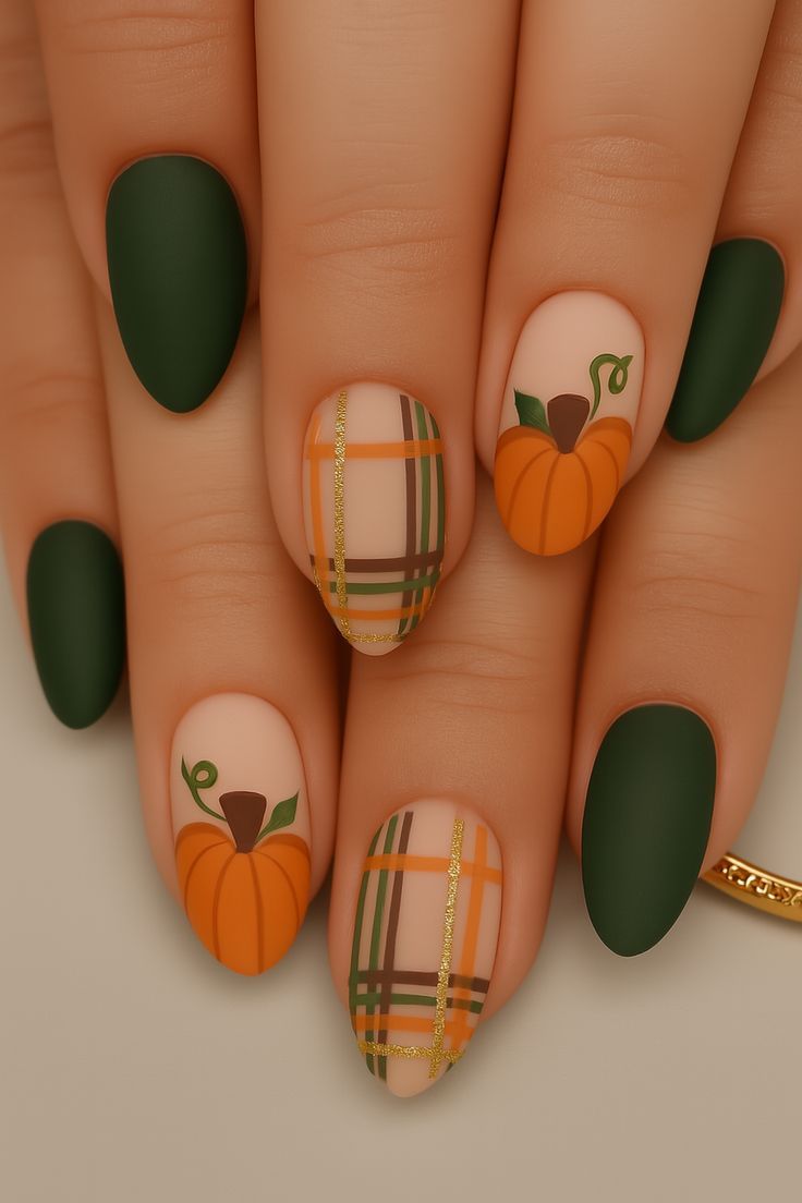 Close-up of short oval nails with mismatched designs. Some nails are solid matte dark green; others have light plaid or a…