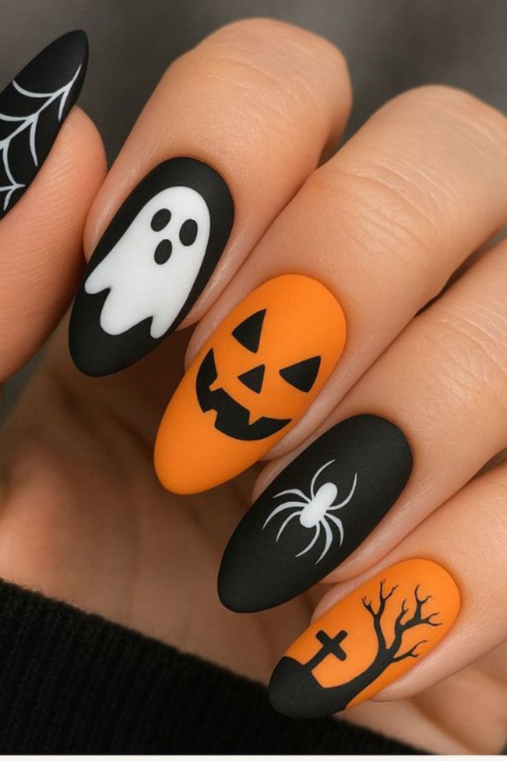 Close-up of a hand with five short oval nails, each featuring a different Halloween design in black, orange, and white.