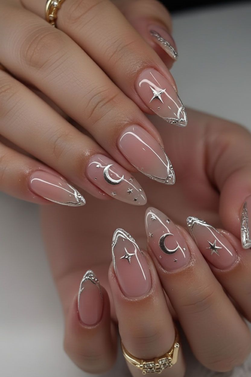 Close-up of manicured hands with almond-shaped nails featuring celestial designs.