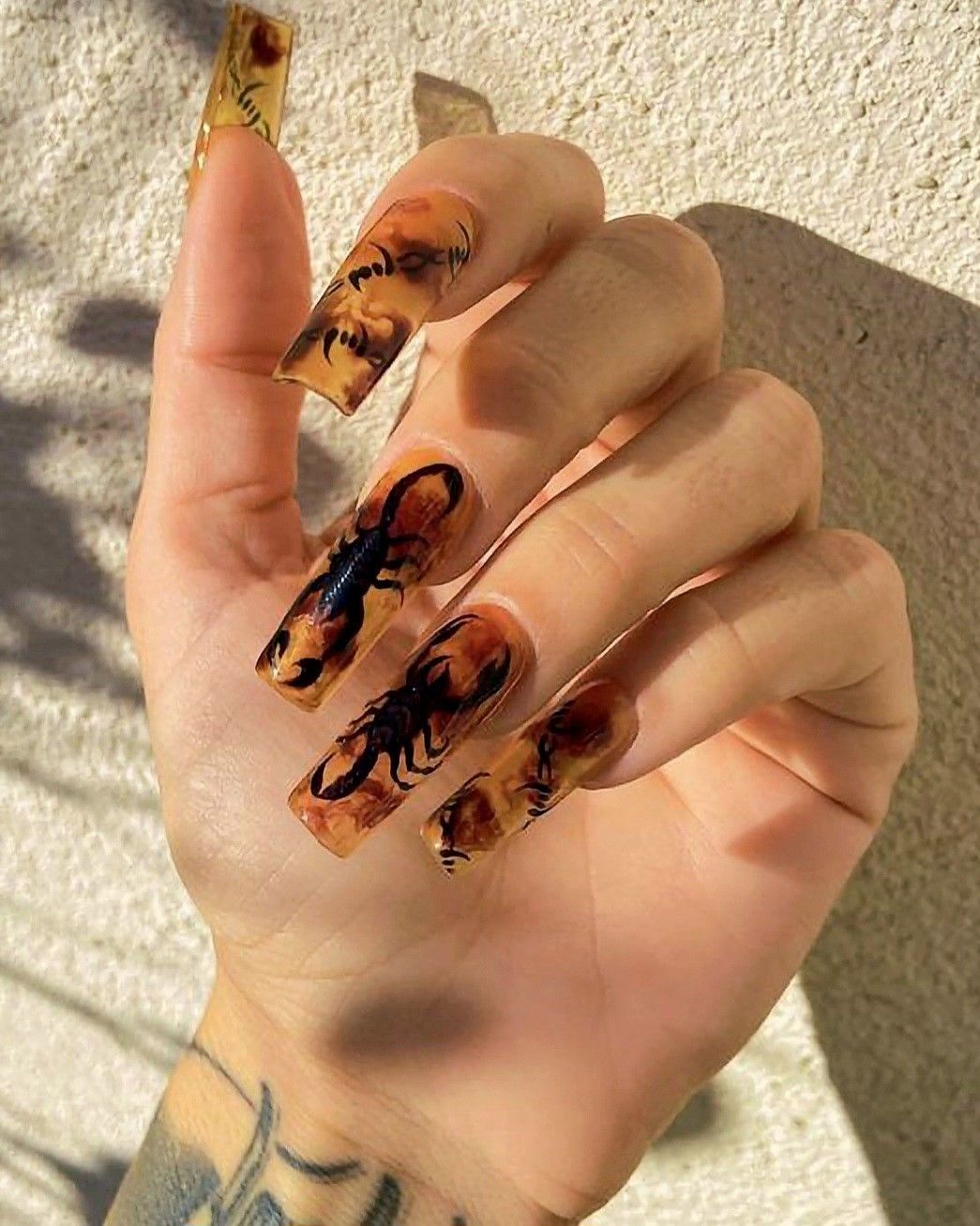 Hand with long, coffin-shaped nails painted with a brown base and black scorpion designs.