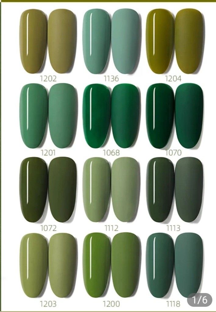 A grid displays 18 different military green nail polish shades on artificial nails, arranged in rows.