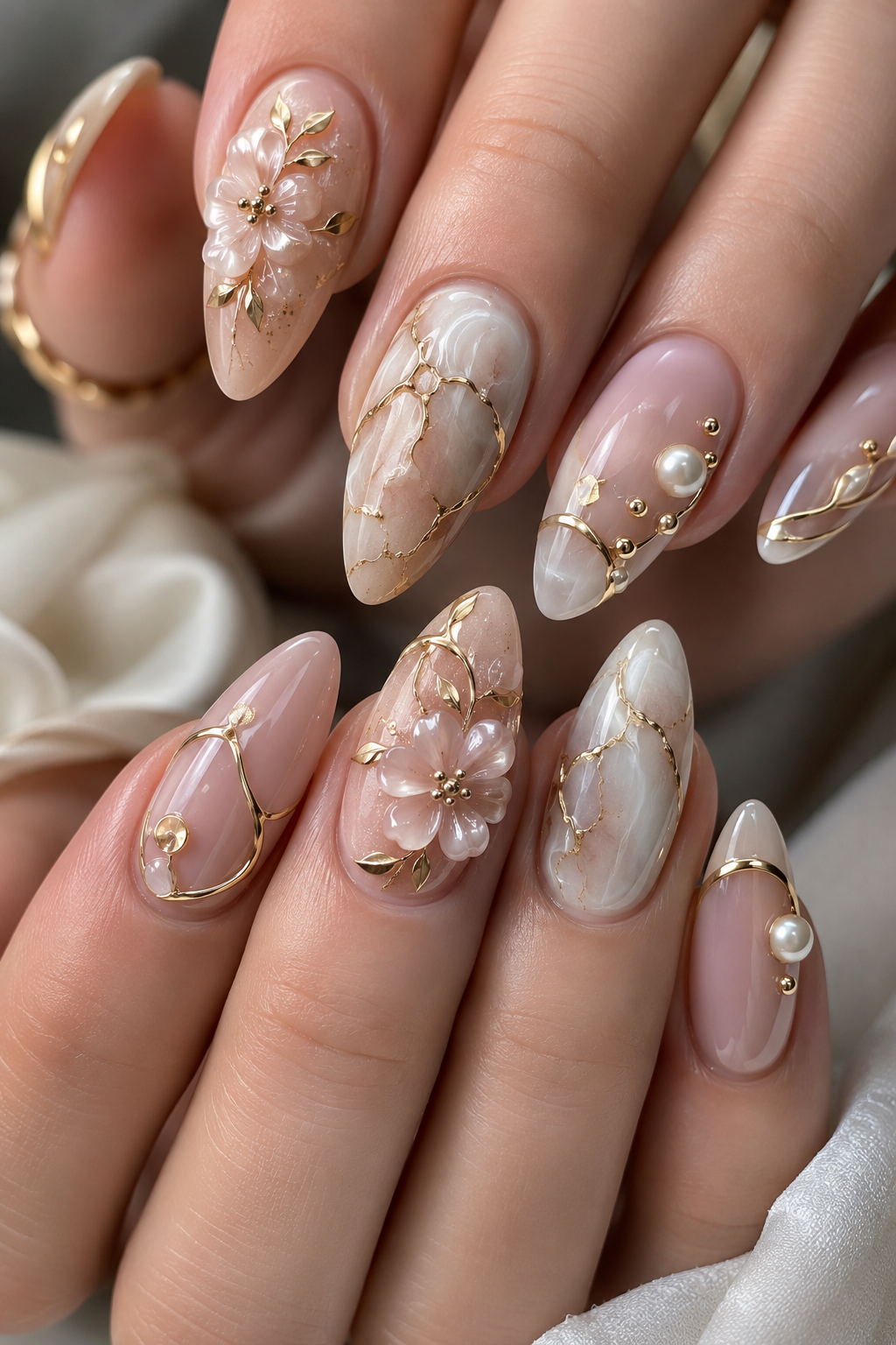 Almond-shaped nails featuring pink 3D flowers, golden accents, and marbled designs with pearls