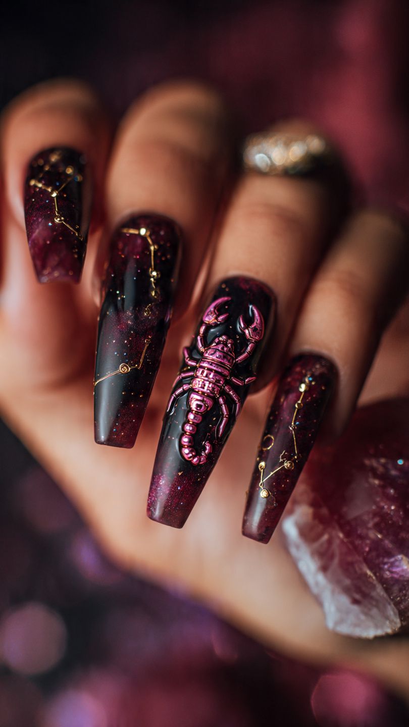 Close-up of dark, burgundy coffin-shaped nails with glitter. Some nails have gold constellation designs, while the index…