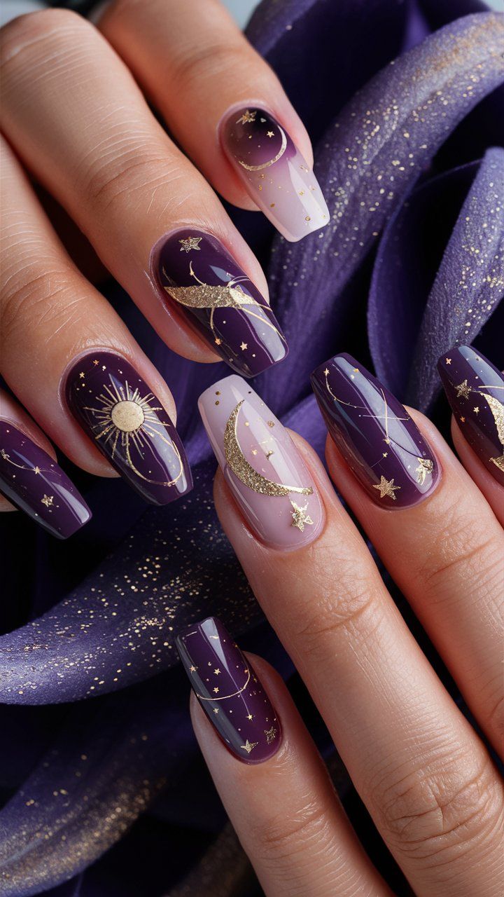 Manicured oval nails with dark purple and light pink polish, adorned with gold sun, moon, and star designs.