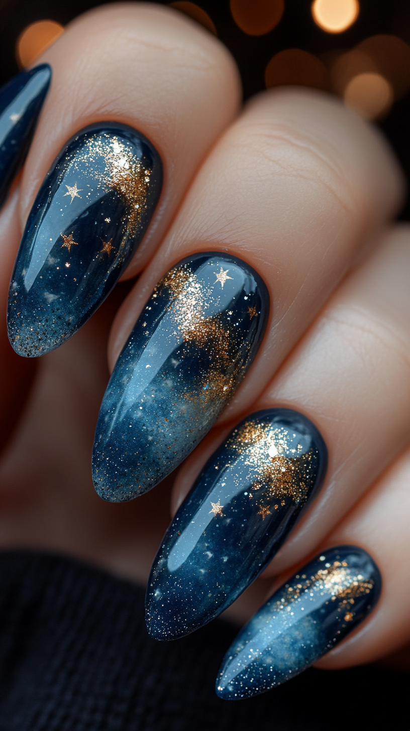 Close-up of a hand with fingernails painted in navy and gold glitter ombré, with small gold stars on the ring and middle…