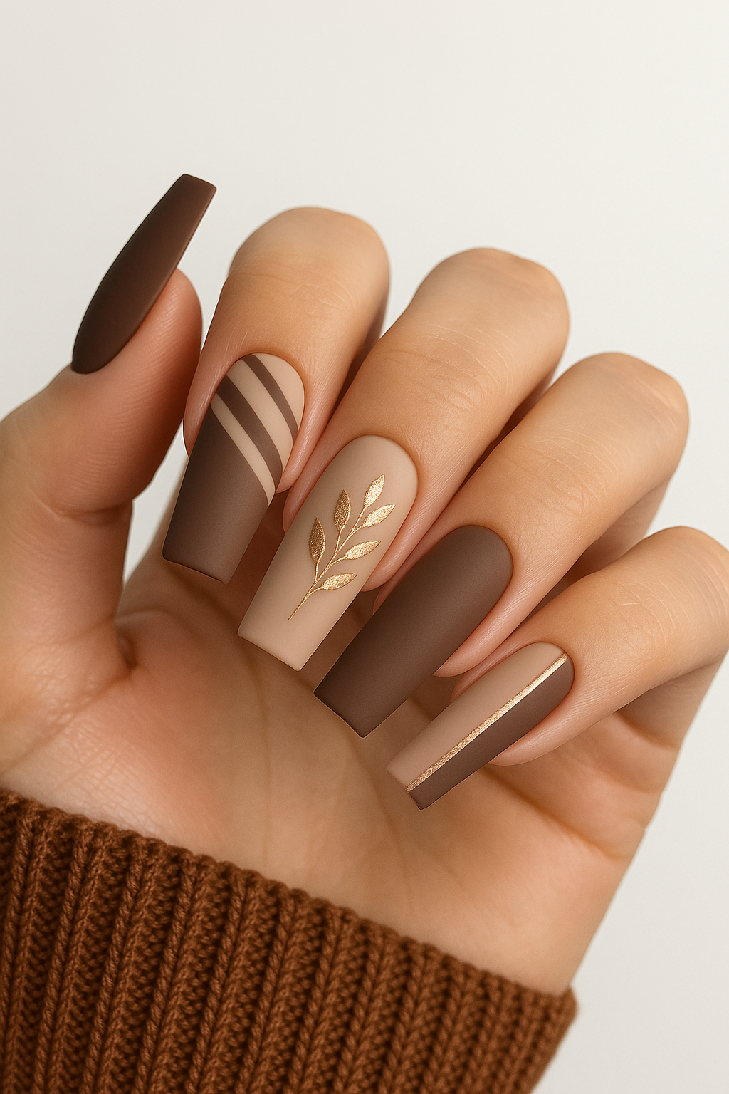 Close-up of a hand with matte coffin nails in shades of brown and beige, featuring gold botanical accents and stripes.
