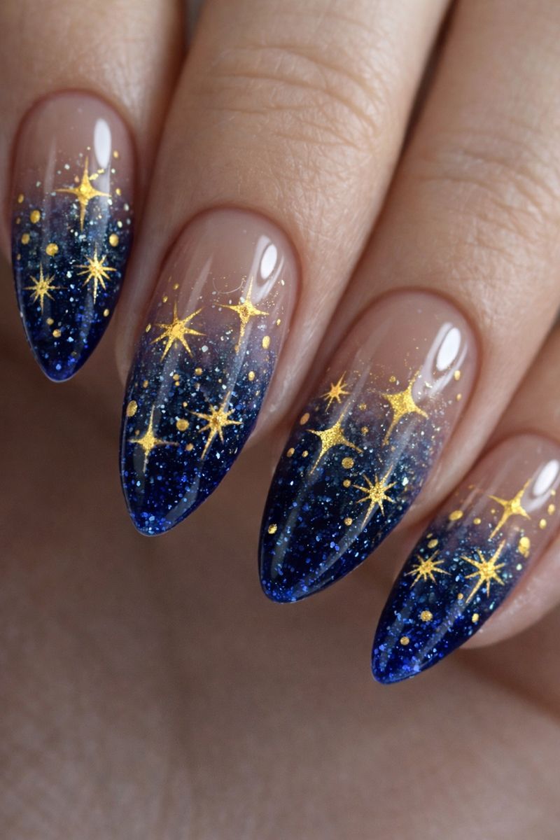 Close-up of manicured almond-shaped nails with a blue glitter ombré effect and gold star accents.