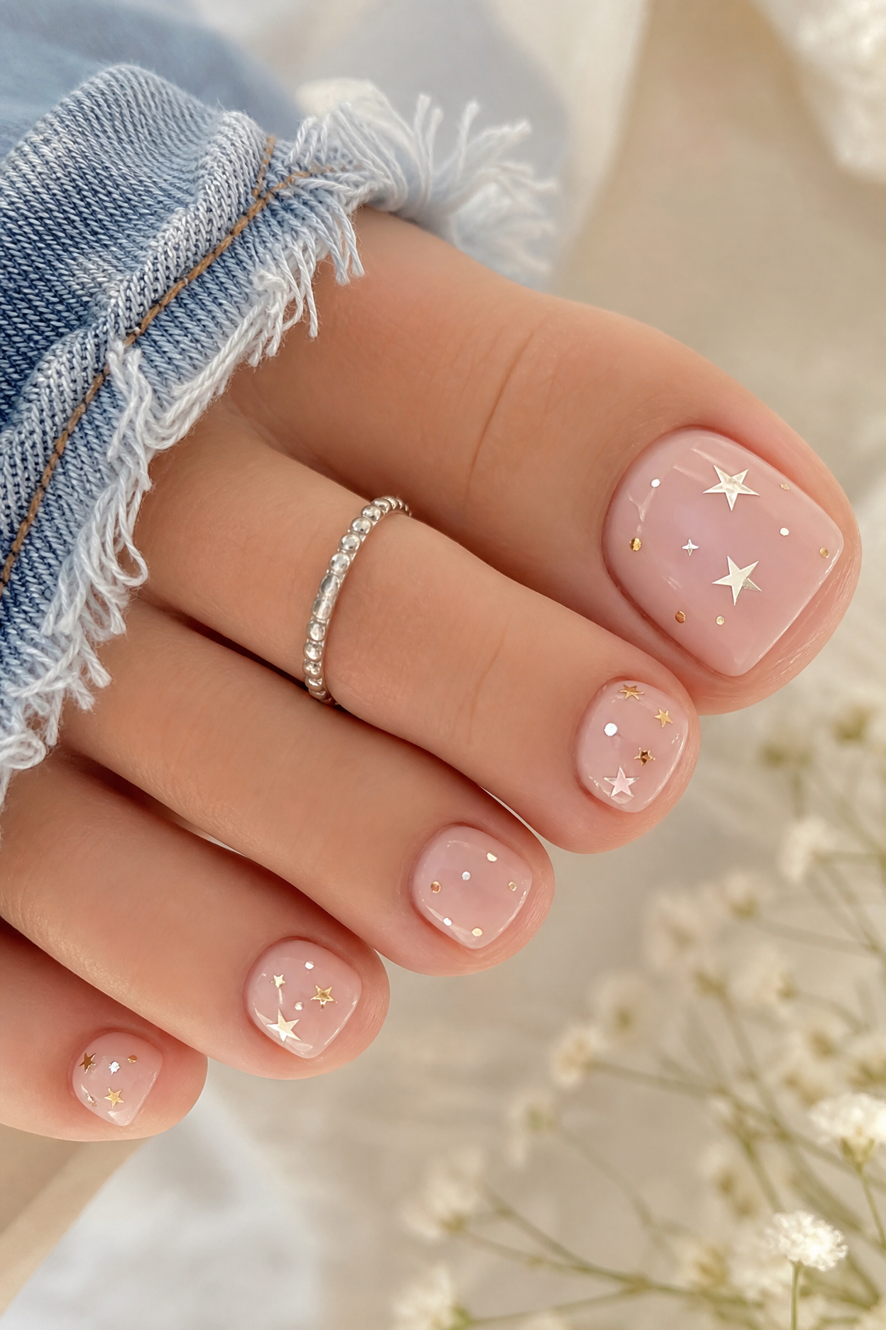Close-up of a person's manicured toes with light pink polish and small gold and silver star decals.