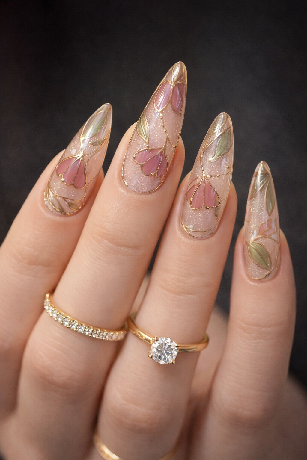Close-up of a hand with long almond stiletto nails featuring a clear base and gold-outlined floral designs.