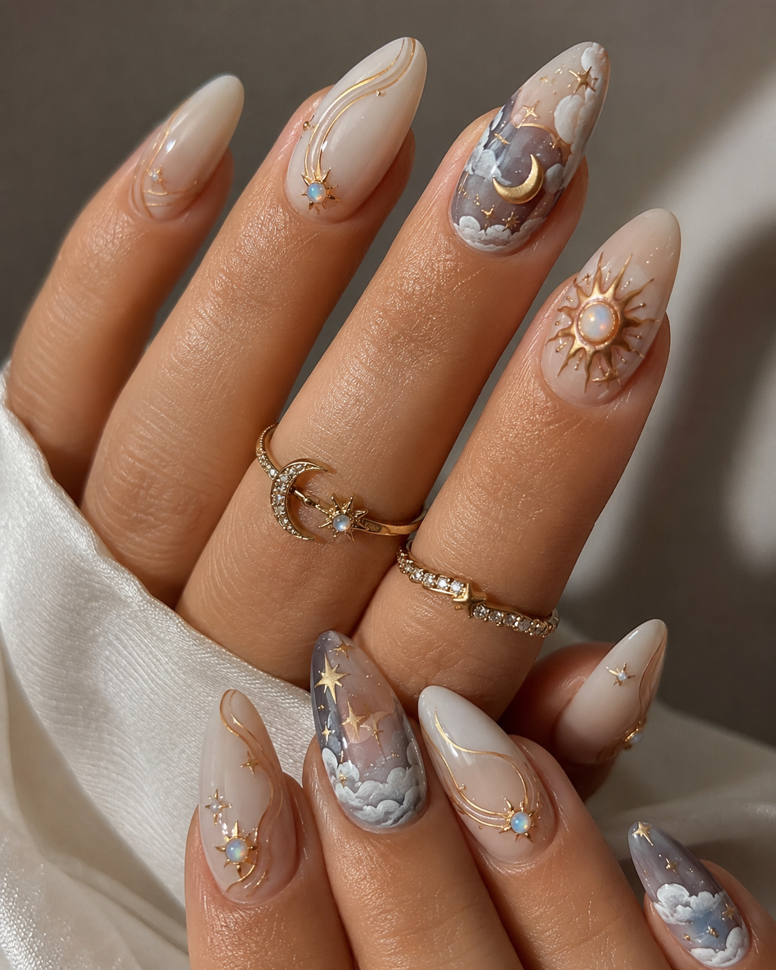 Close-up of manicured hands with almond-shaped nails featuring celestial designs.