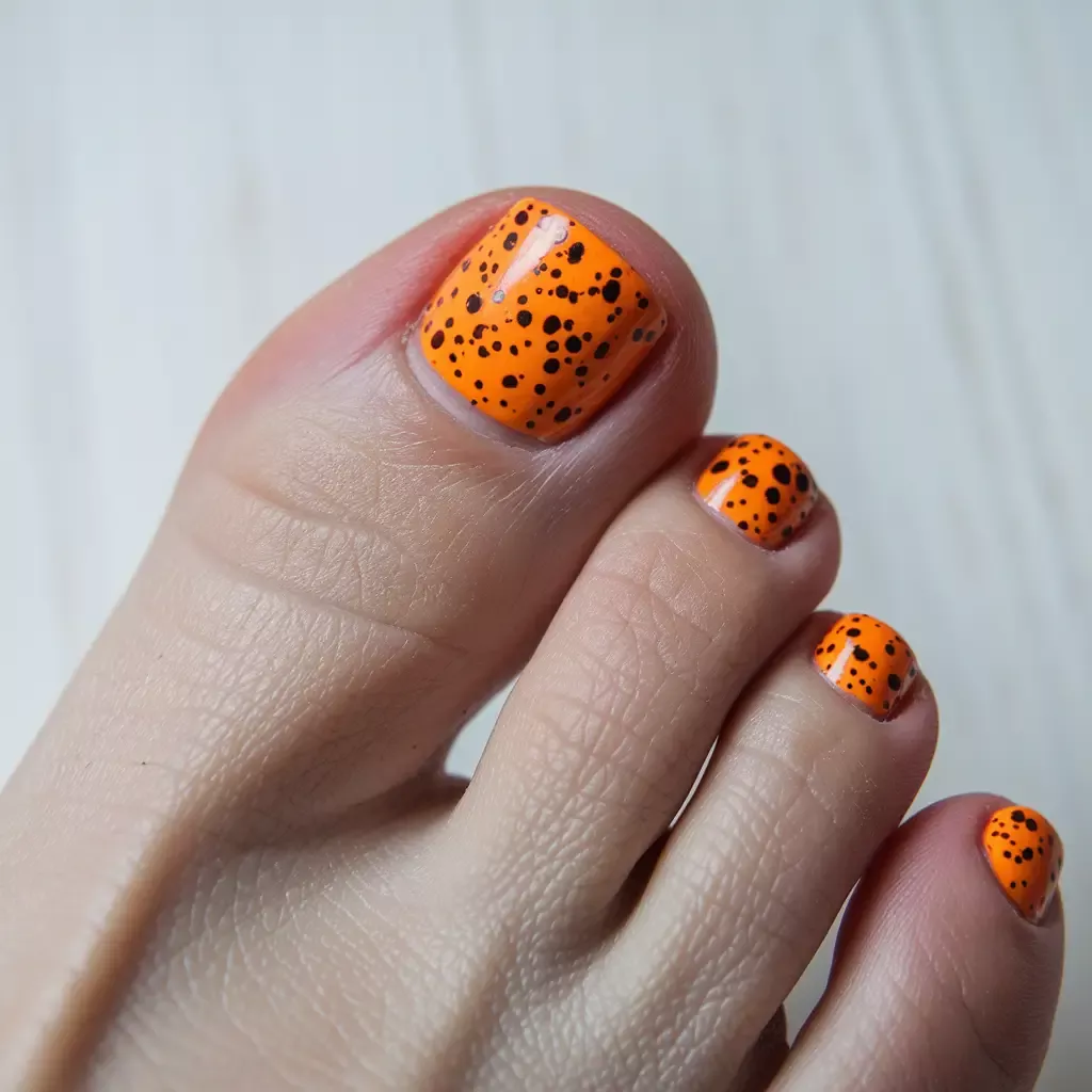 Close-up of toes with orange and black polka dot nail polish on the toenails.