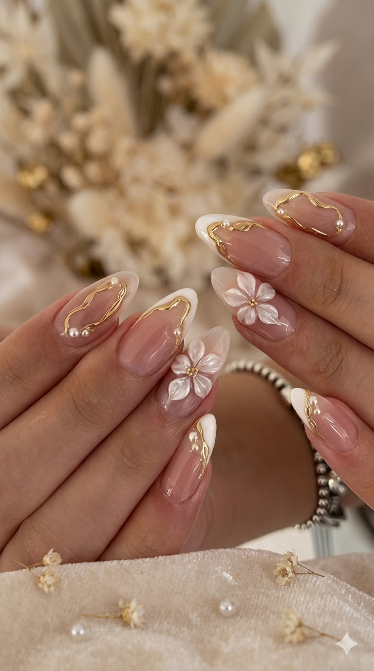Almond-shaped nails feature white French tips, gold wavy lines, small white pearls, and 3D white flowers with gold centers.