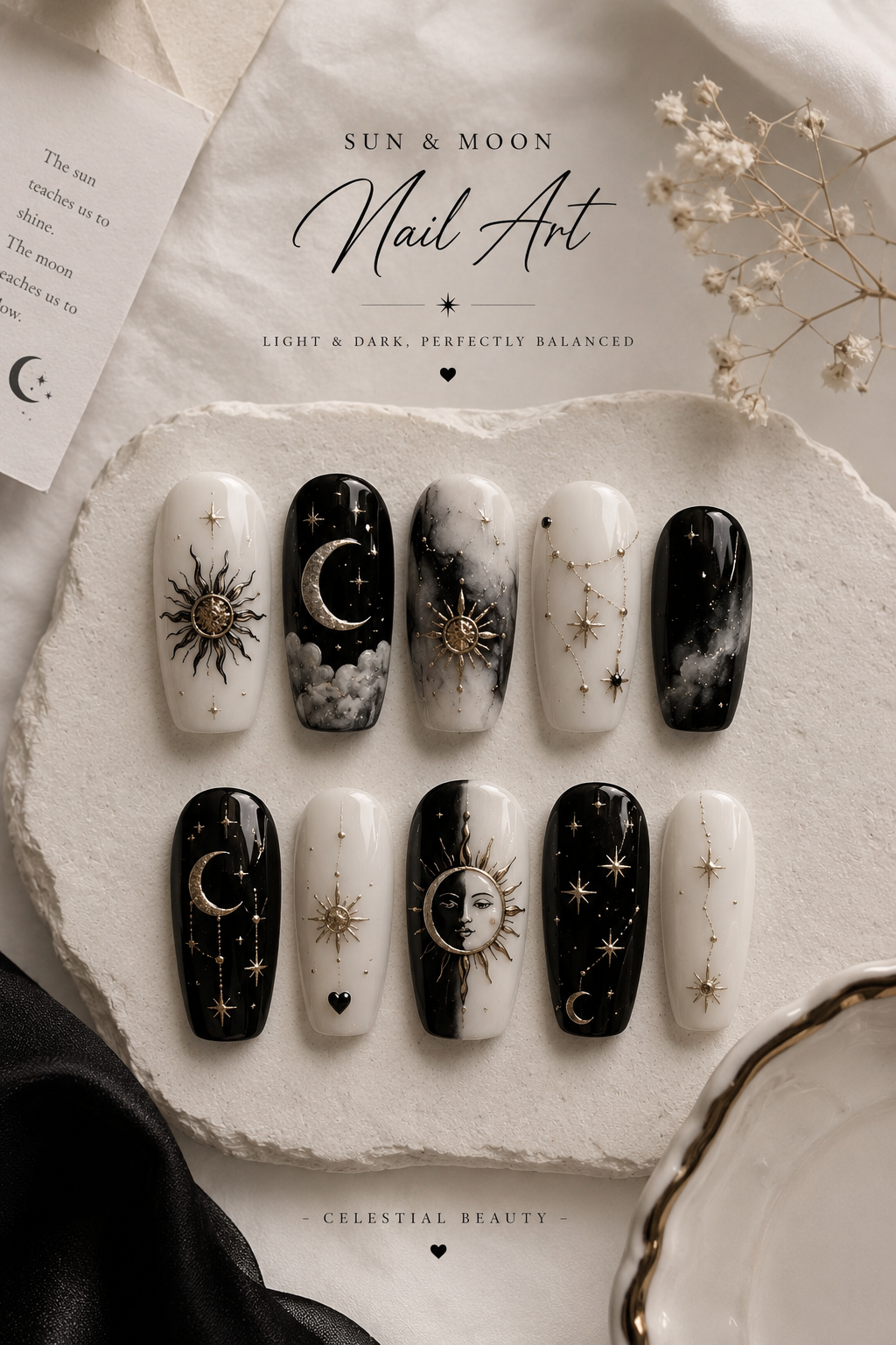 Set of ten oval-shaped press-on nails with black and white celestial sun and moon designs, some with gold accents.