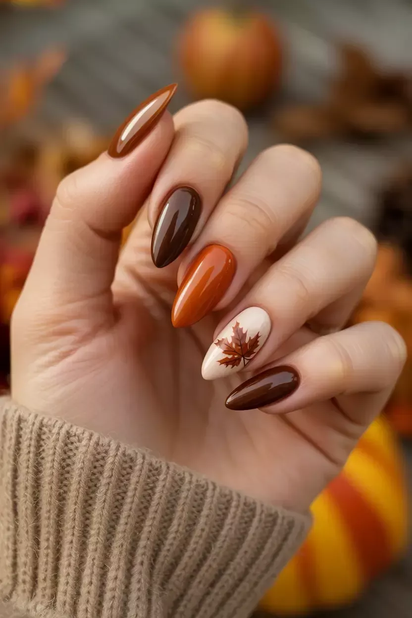 Hand with almond-shaped acrylic nails in shades of brown, orange, and cream, one accented with a fall leaf design.