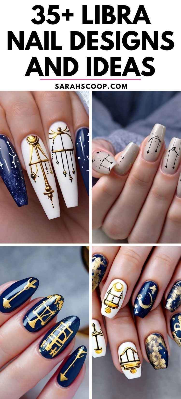 Close-up of fingernails with different Libra-themed nail art. One hand has dark blue and white nails with gold Libra scales…