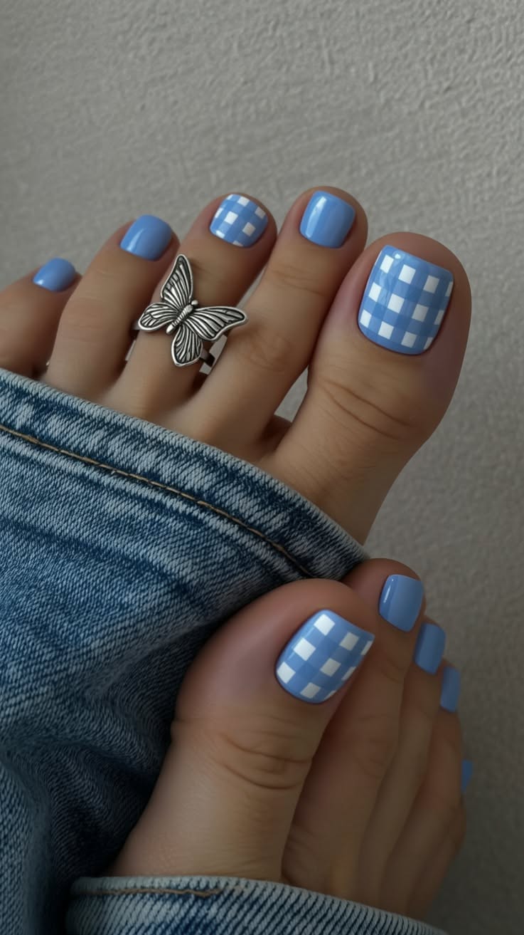 Close-up of a person's feet with light blue and white gingham patterned toenails, accompanied by a silver butterfly toe ring…