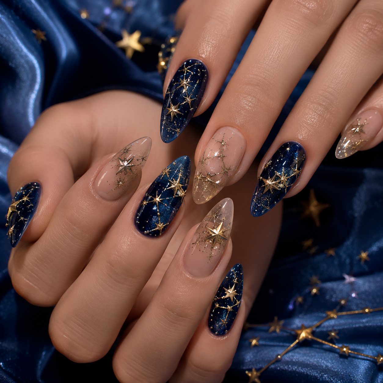 Close-up of manicured hands with almond-shaped nails featuring blue and nude bases with gold stars and glitter.
