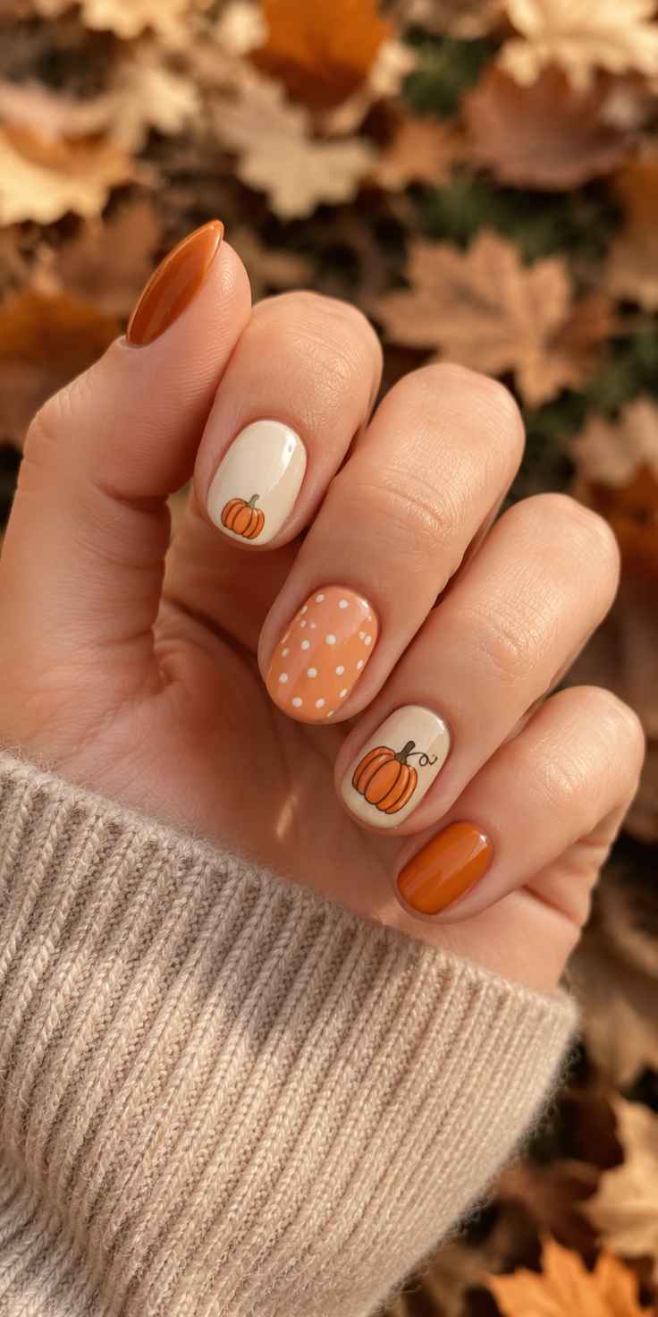 Hand with short nails painted in solid orange, off-white with small pumpkins, and orange with white polka dots.