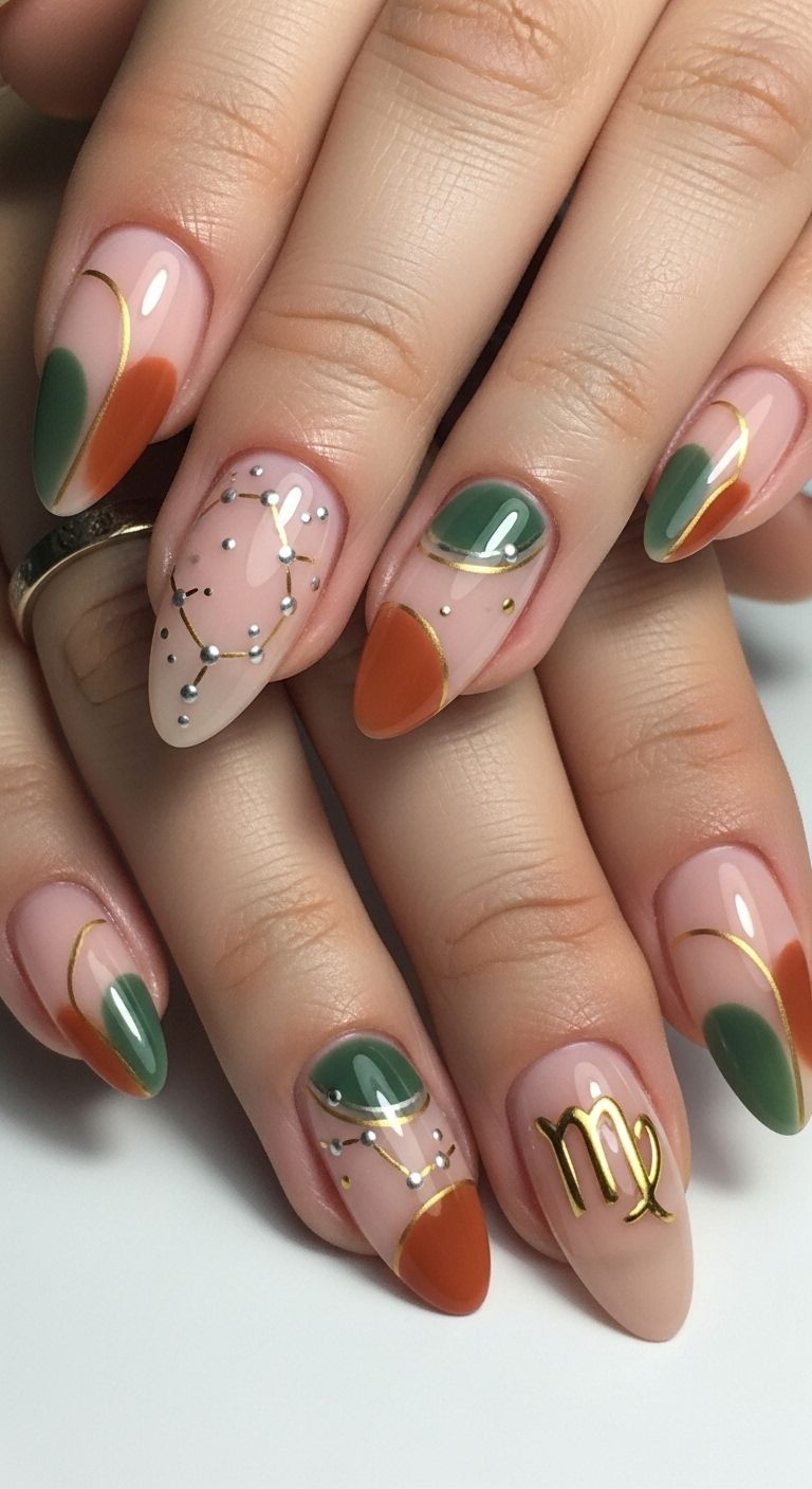 Almond-shaped nails with an astrological design. Some nails combine sage green and rust-colored curves with gold lines.