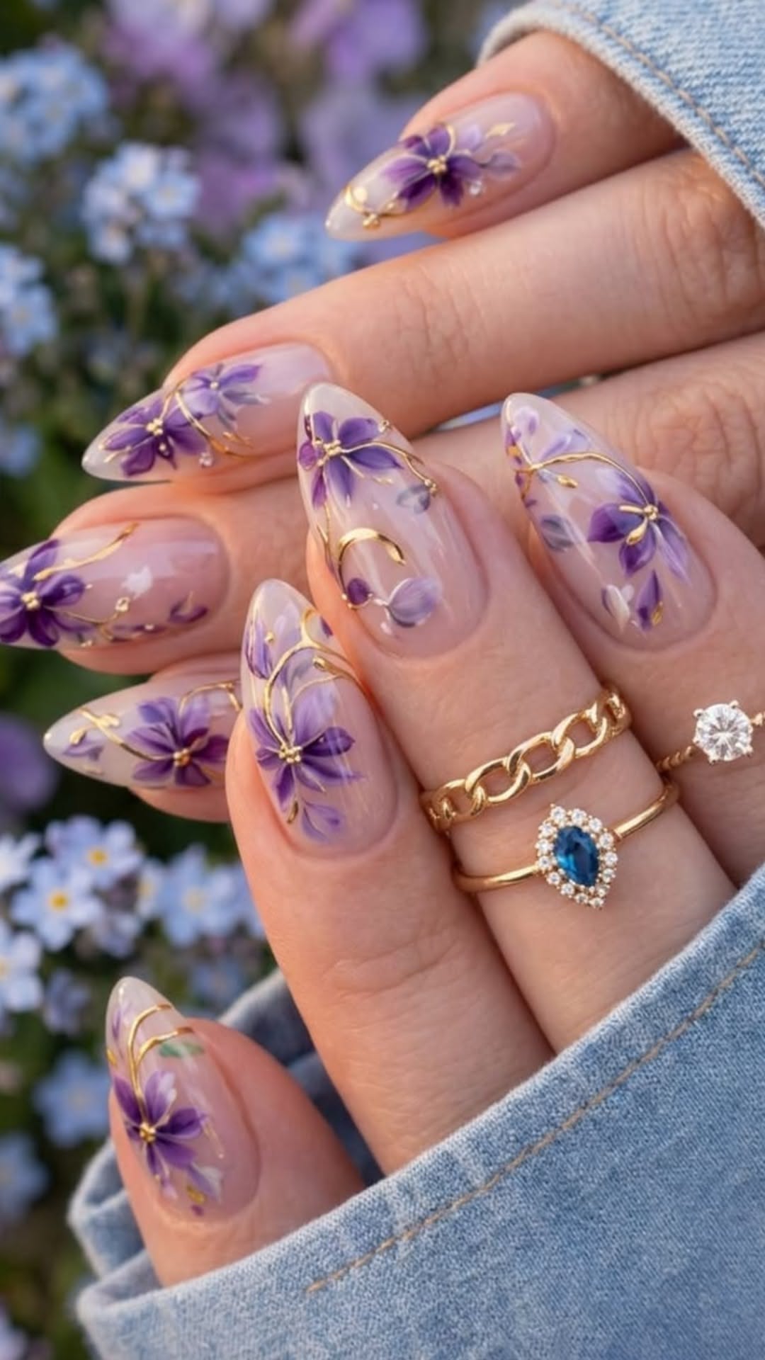 Almond-shaped nails with purple and gold floral designs.