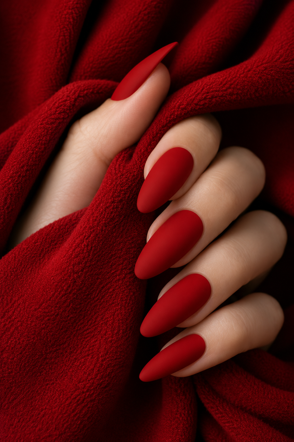 Hand with matte red coffin-shaped nails rests on textured red fabric.