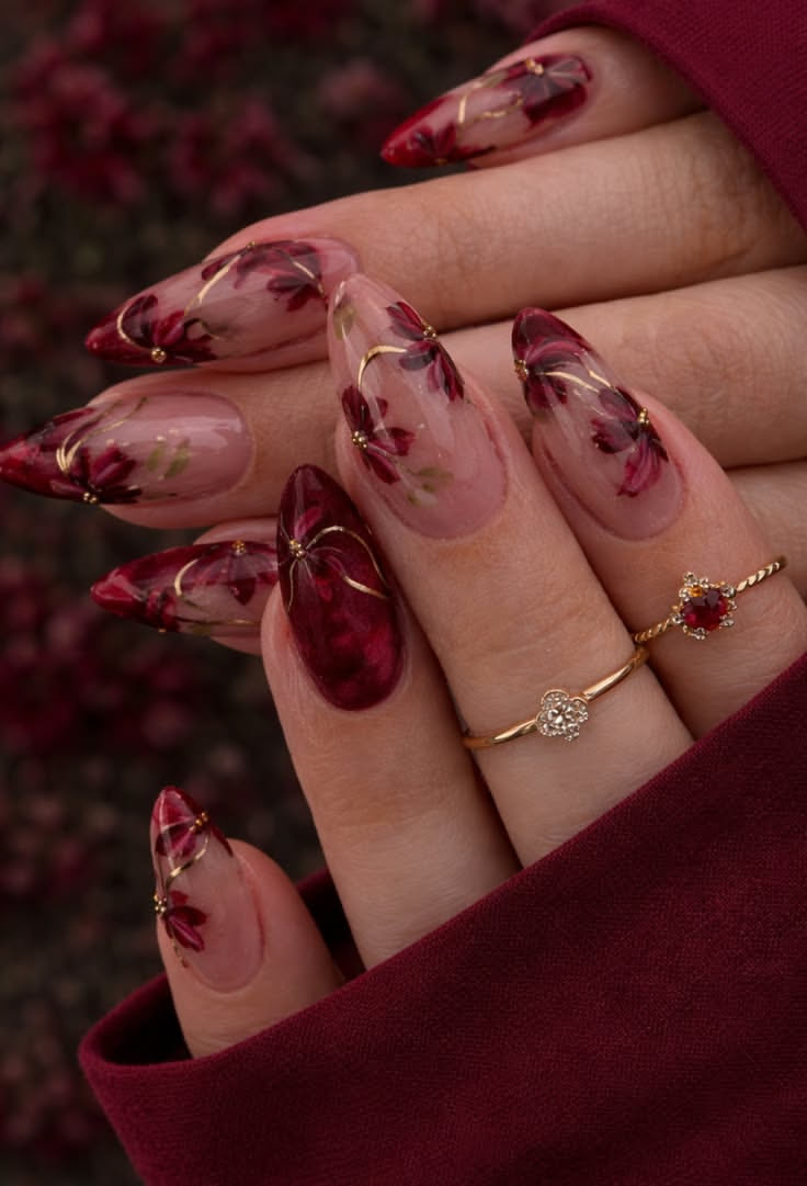Close-up of a hand with long, pointed nails featuring red floral designs and gold accents.